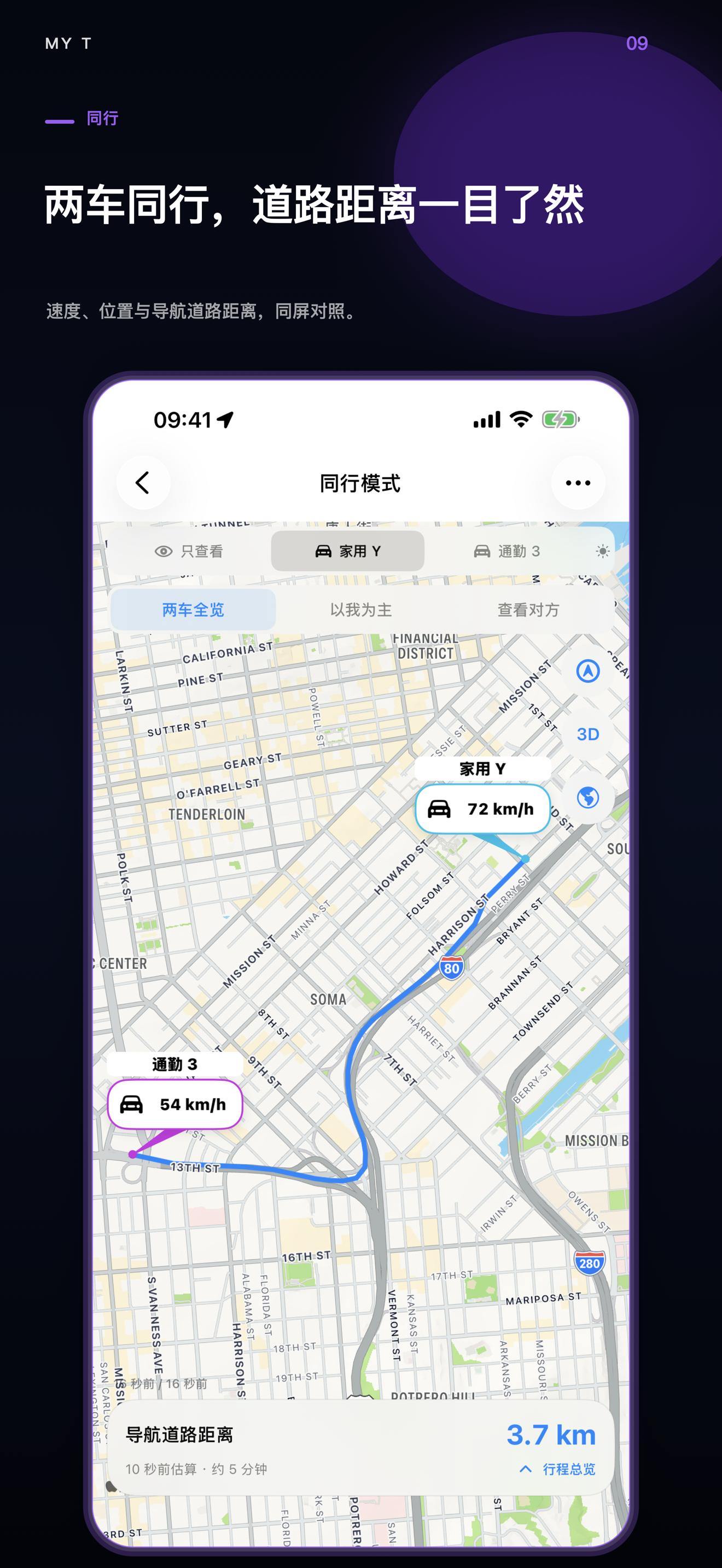 My T 6.01: 两辆示范车、观测速度与两车之间的导航道路路线